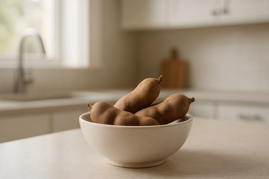Photograph of whole tamarind pods in a white ceramic bowl on a light stone kitchen countertop