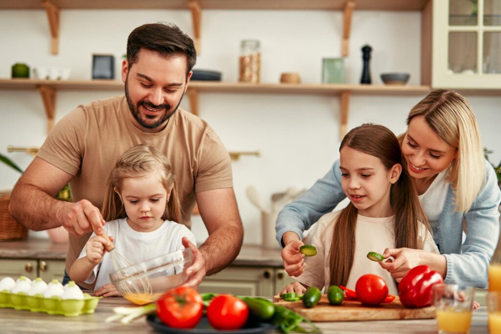 family making dinner