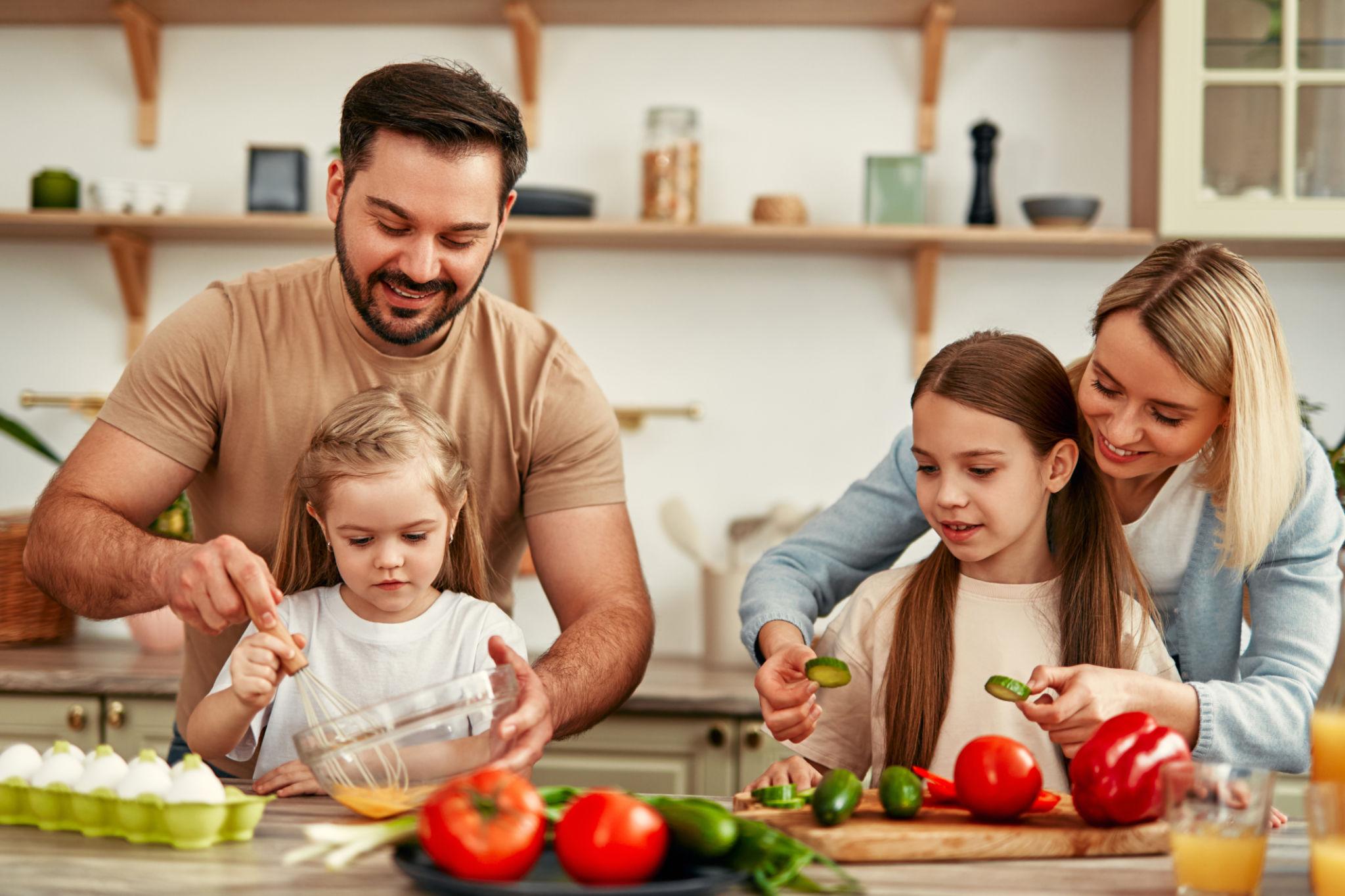 family making dinner