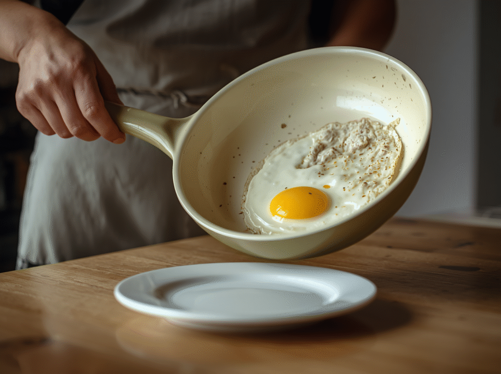 Caraway ceramic fry pan being tested for non-stick performance with eggs.