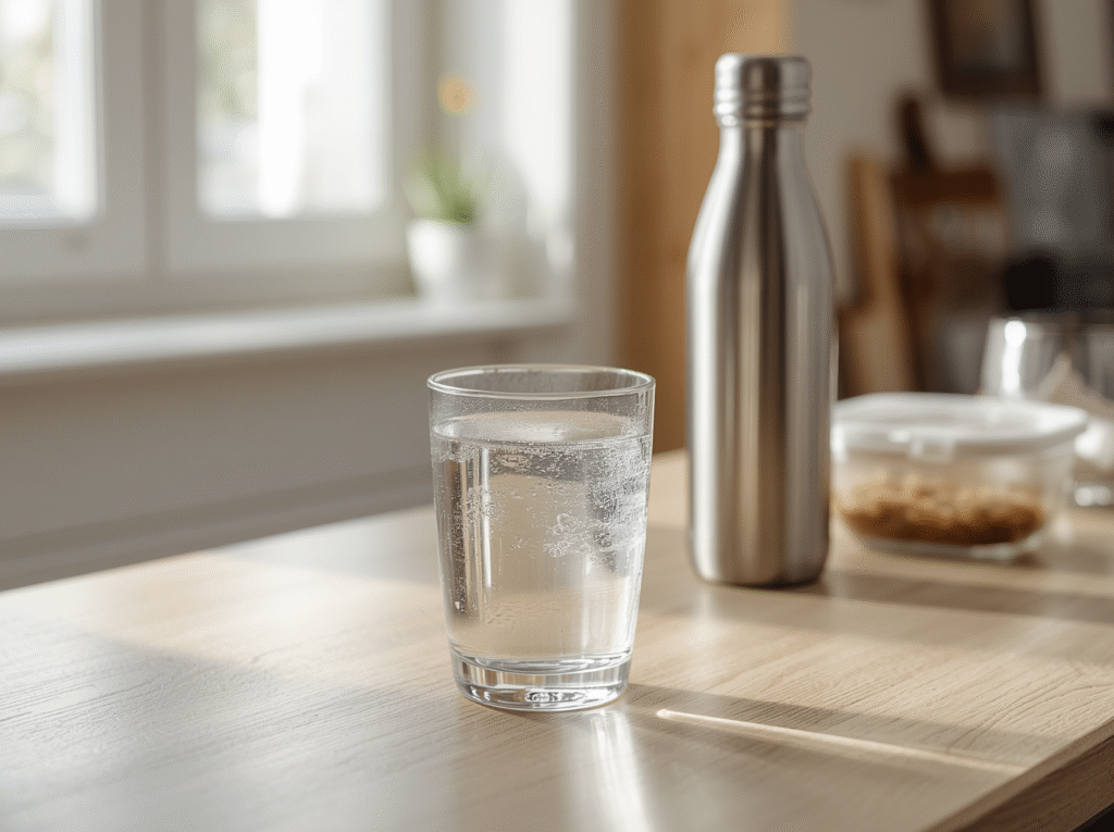 Glass of drinking water on a wooden kitchen counter with a stainless steel water bottle and glass food storage container in the background