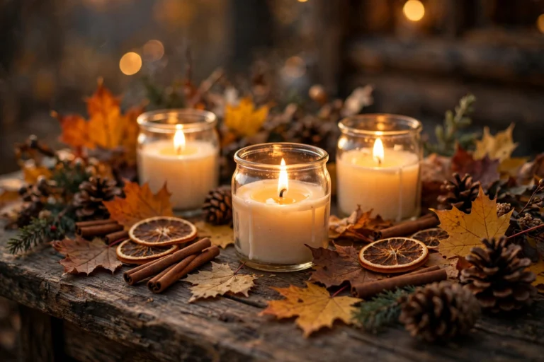 Lit non toxic fall candles in glass jars surrounded by autumn leaves, cinnamon sticks and dried orange slices on a wooden table