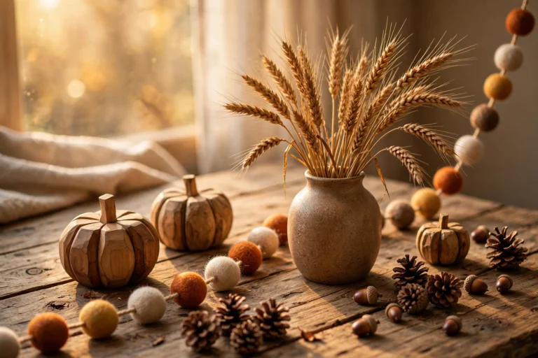 Lower plastic fall decor: wooden pumpkins, dried wheat in a ceramic vase, pinecones, acorns and a wool felt ball garland on a rustic wooden table