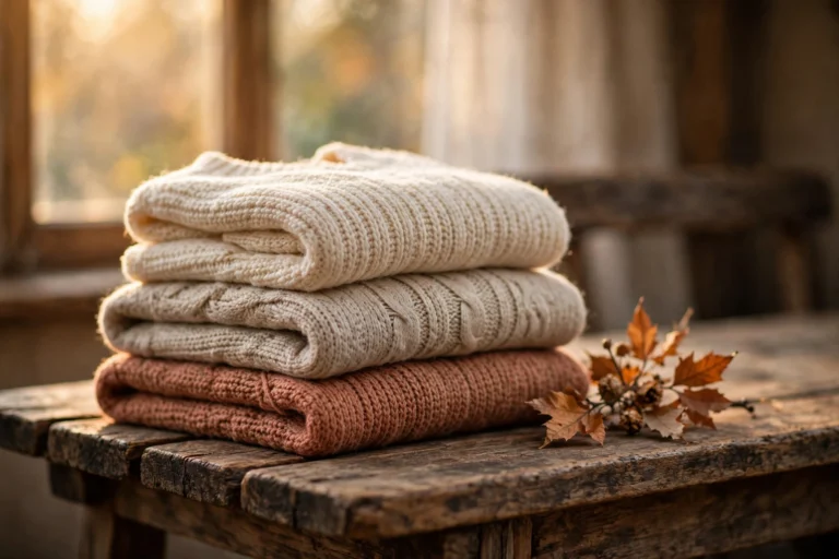 Fleece alternatives: folded wool sweaters and knit fall layers in cream and rust tones on a rustic wooden bench
