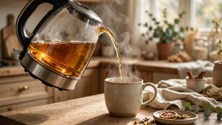 Glass electric kettle pouring hot tea into a mug in a sunlit kitchen