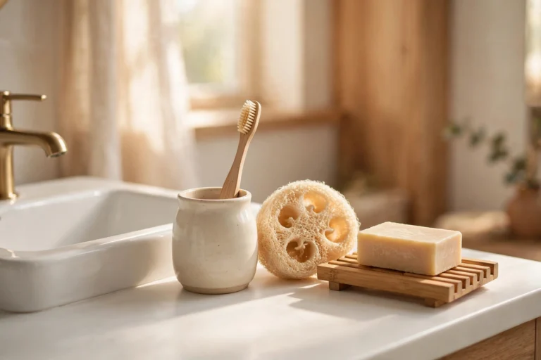 Sunlit bathroom counter with bamboo toothbrush, natural loofah, and bar soap on a bamboo dish