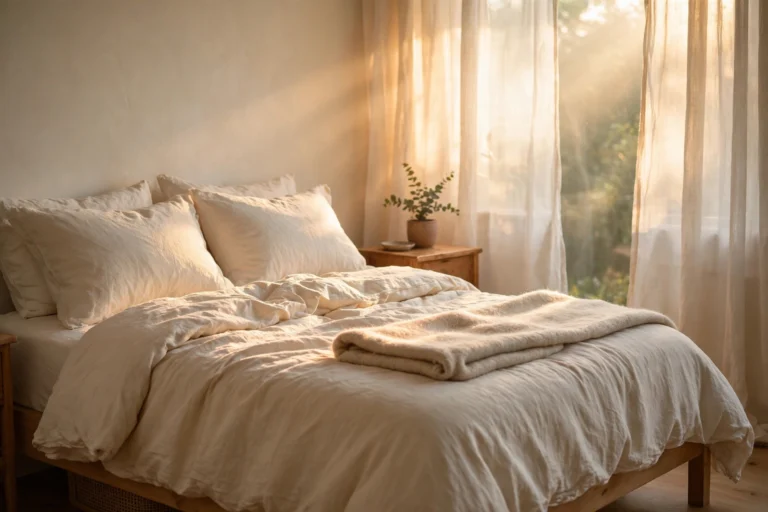 Cozy bedroom with natural cotton bedding and sunlight through cotton curtains