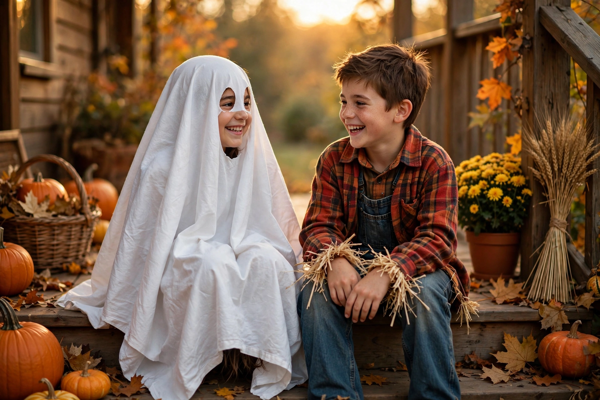 Kids in DIY Halloween costumes, a ghost and a scarecrow, on an autumn porch.