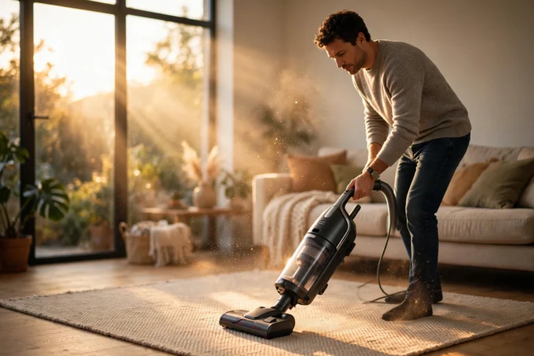 Person vacuuming a living room rug with sunlight showing dust in the air