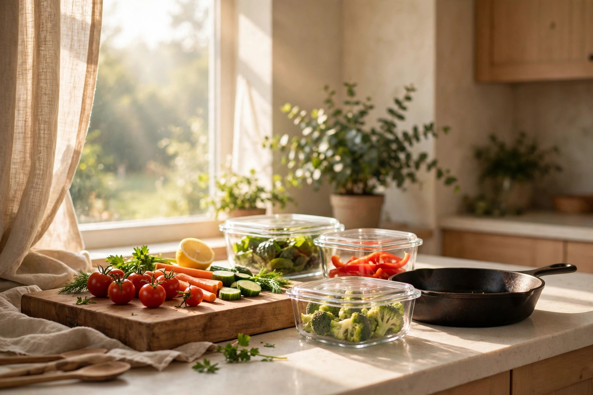 Bright kitchen with wooden cutting board, glass containers, and cast iron skillet to reduce microplastics in your kitchen