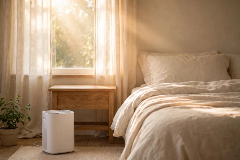 Levoit Core 300S review: white air purifier in a sunlit bedroom beside the bed