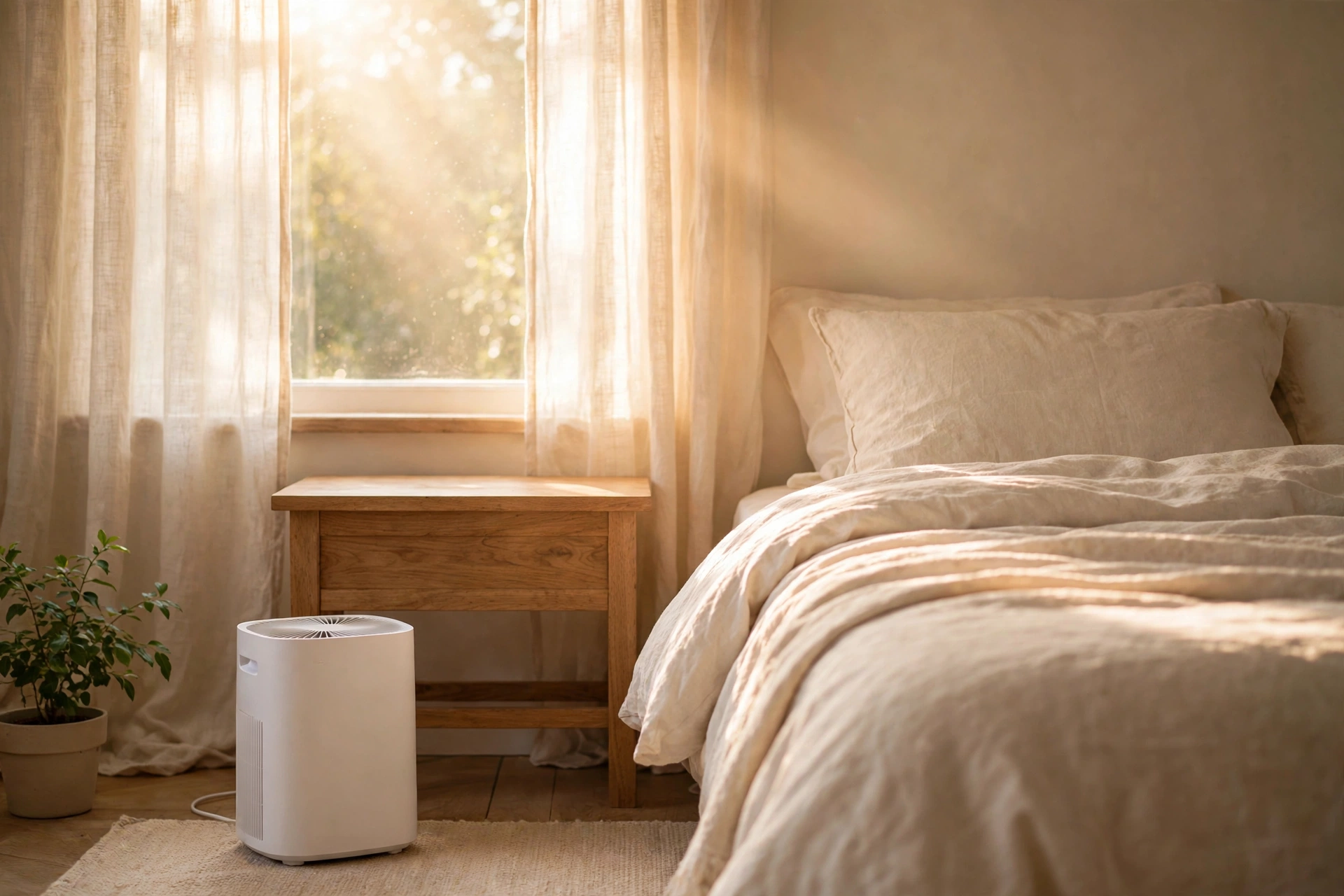 Levoit Core 300S review: white air purifier in a sunlit bedroom beside the bed