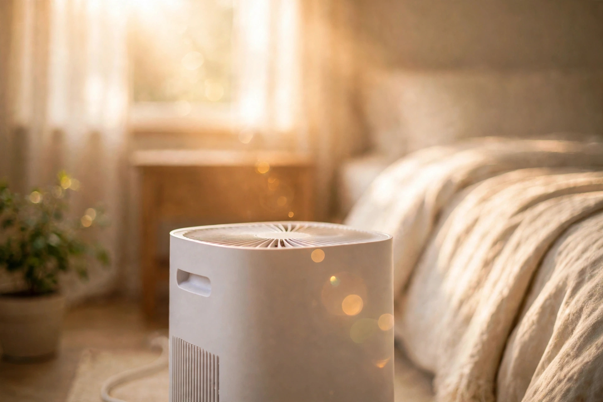 Close-up of a white air purifier running in a sunlit bedroom