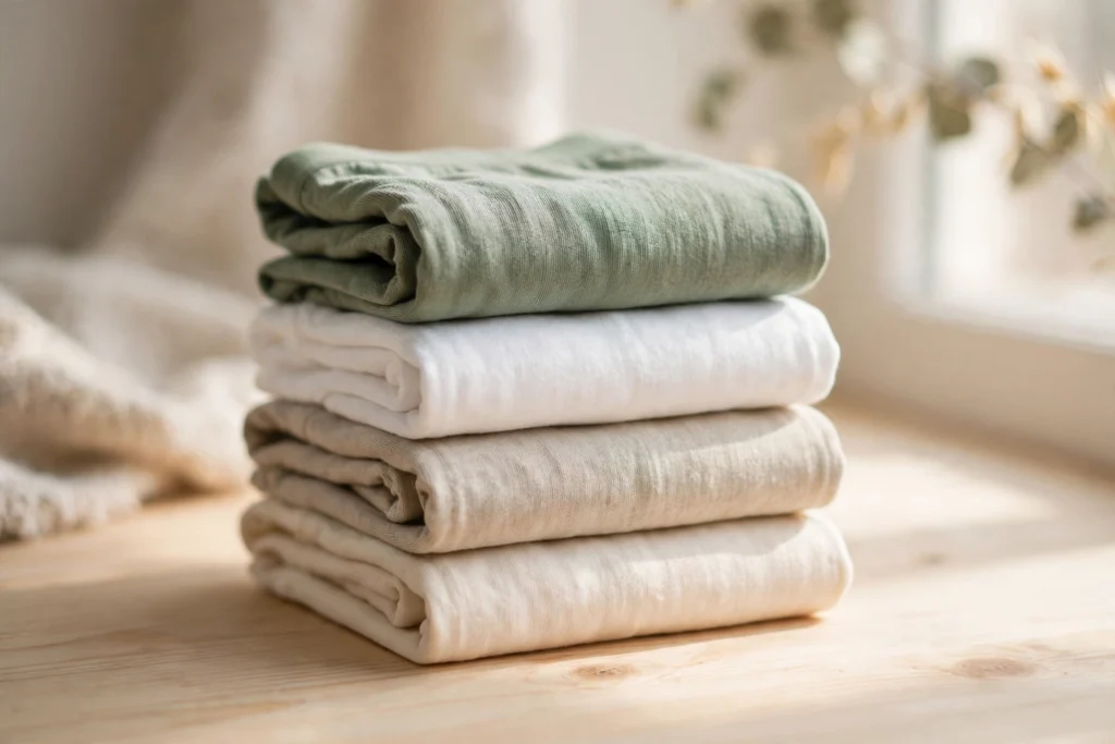 Folded organic cotton underwear in natural tones on a bright wooden surface
