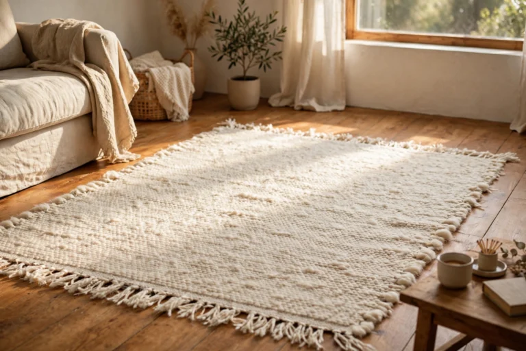 Natural wool area rug in a sunlit living room