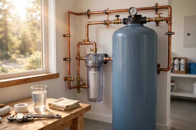 Aquasana Rhino EQ-1000 whole house water filter tank installed on a home main water line in a bright utility room with copper pipes and a glass of clear water