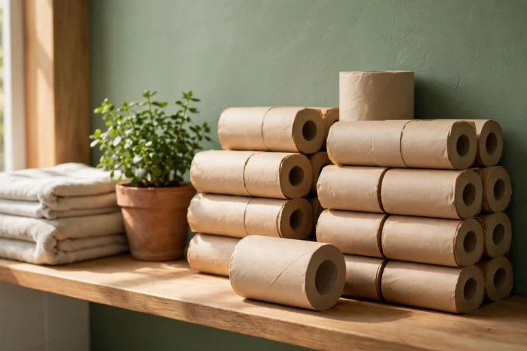 Bamboo toilet paper rolls in paper wrapping on a bathroom shelf, including one unbleached natural brown roll