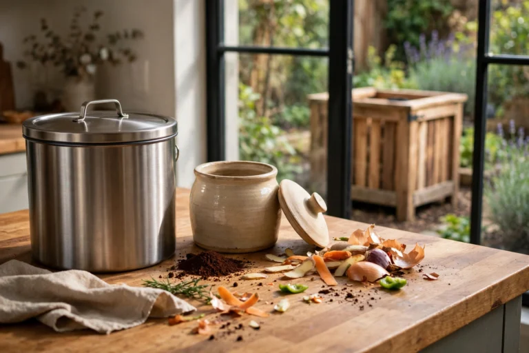 Stainless steel and ceramic countertop compost bins on a warm kitchen counter with vegetable peels and coffee grounds, and a cedar compost bin in the garden beyond the window