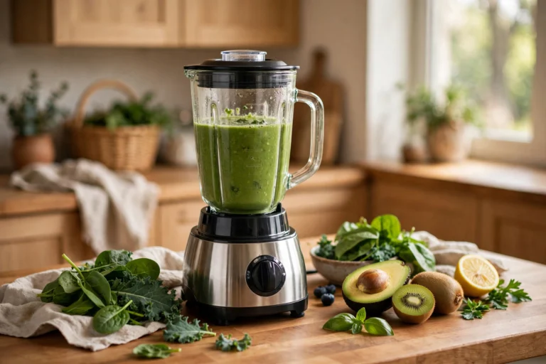 Blender with a glass jar making a green smoothie on a warm kitchen counter with fresh fruit and leafy greens beside it