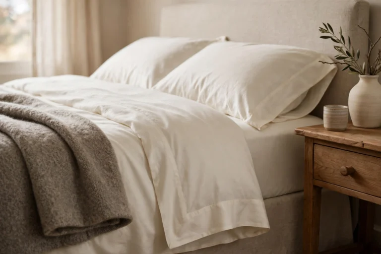 Bed made with Boll and Branch sheets in ivory organic cotton sateen with a wide hem, wool comforter folded at the foot, warm morning light