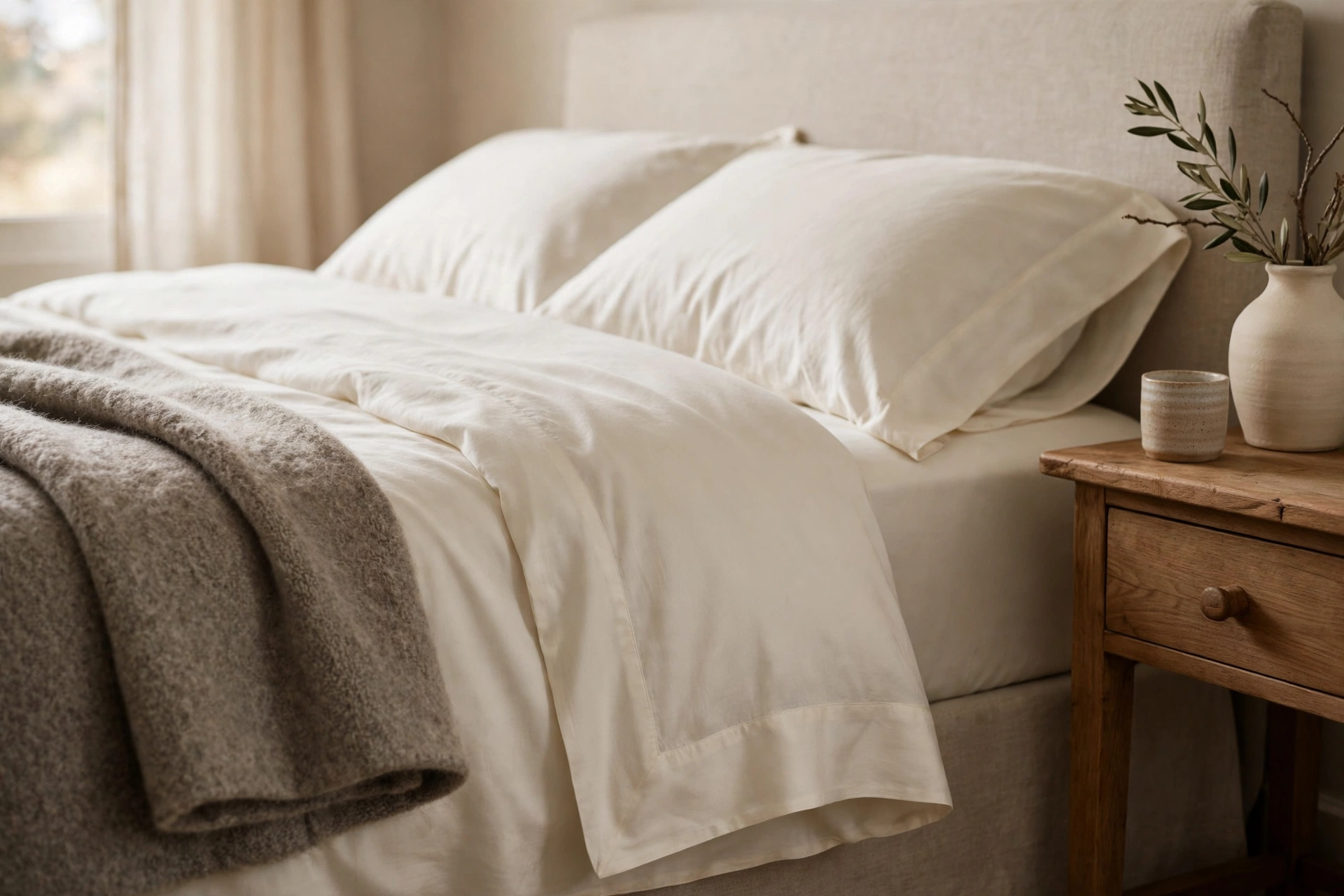 Bed made with Boll and Branch sheets in ivory organic cotton sateen with a wide hem, wool comforter folded at the foot, warm morning light