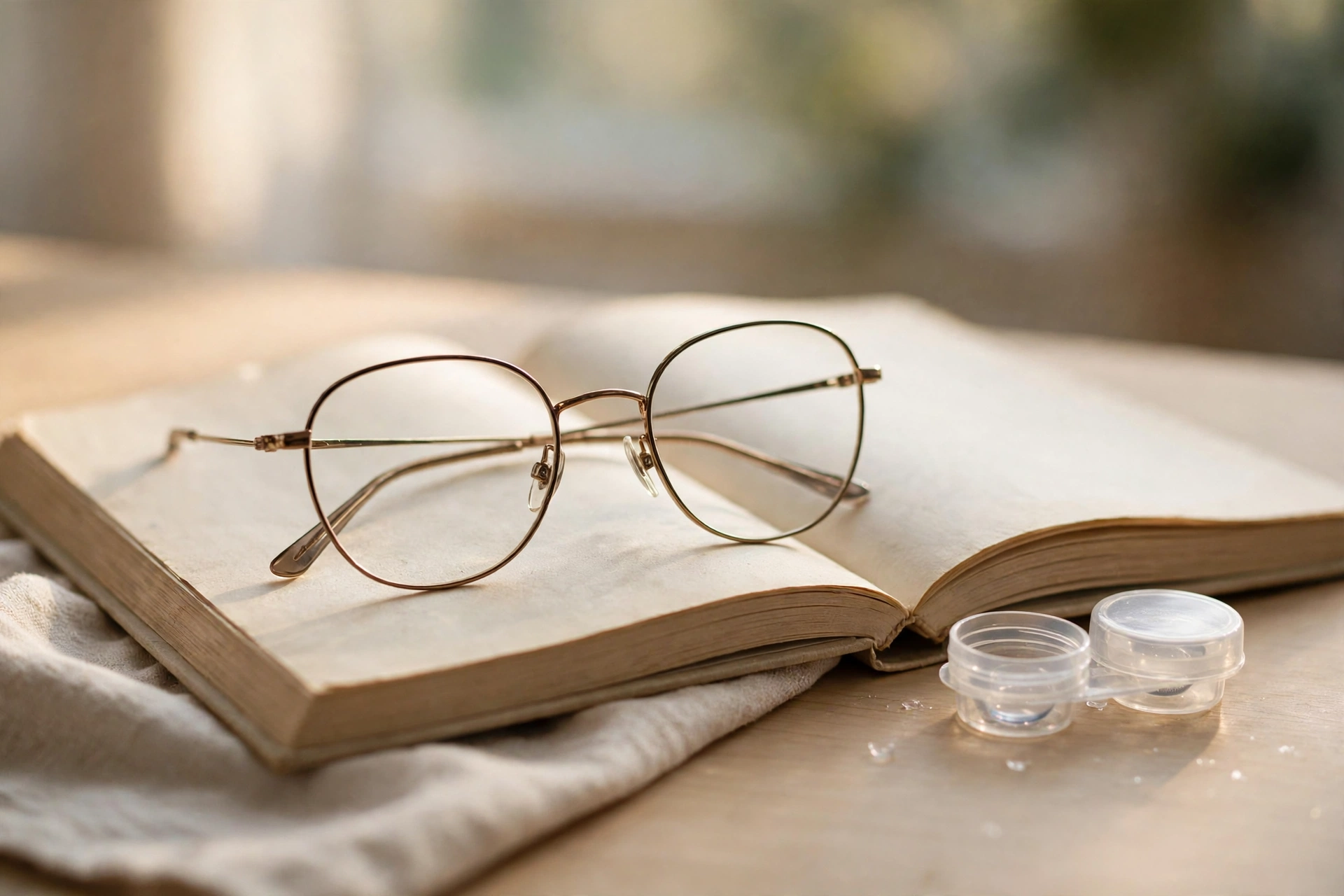 Eyeglasses with thin metal frames resting on an open book next to a clear contact lens case on a clean desk, warm natural light