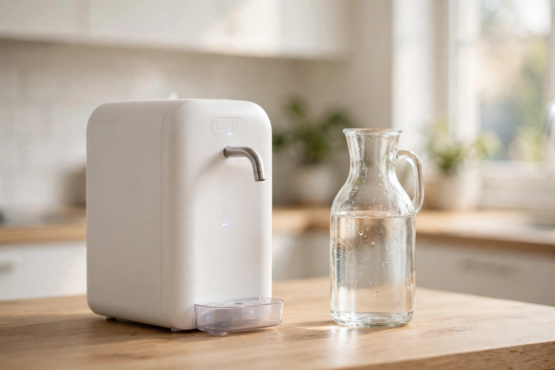 Countertop reverse osmosis system with glass carafe on a bright kitchen counter