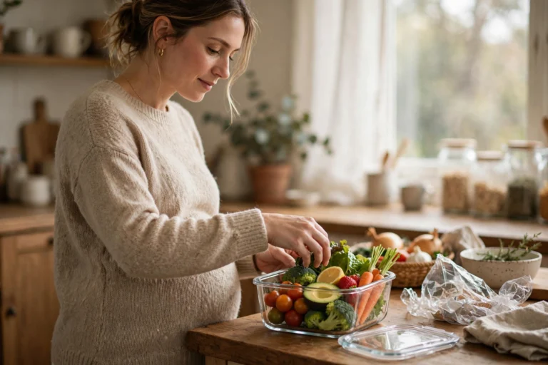 Pregnant woman placing fresh vegetables into a glass storage container, plastic packaging set aside
