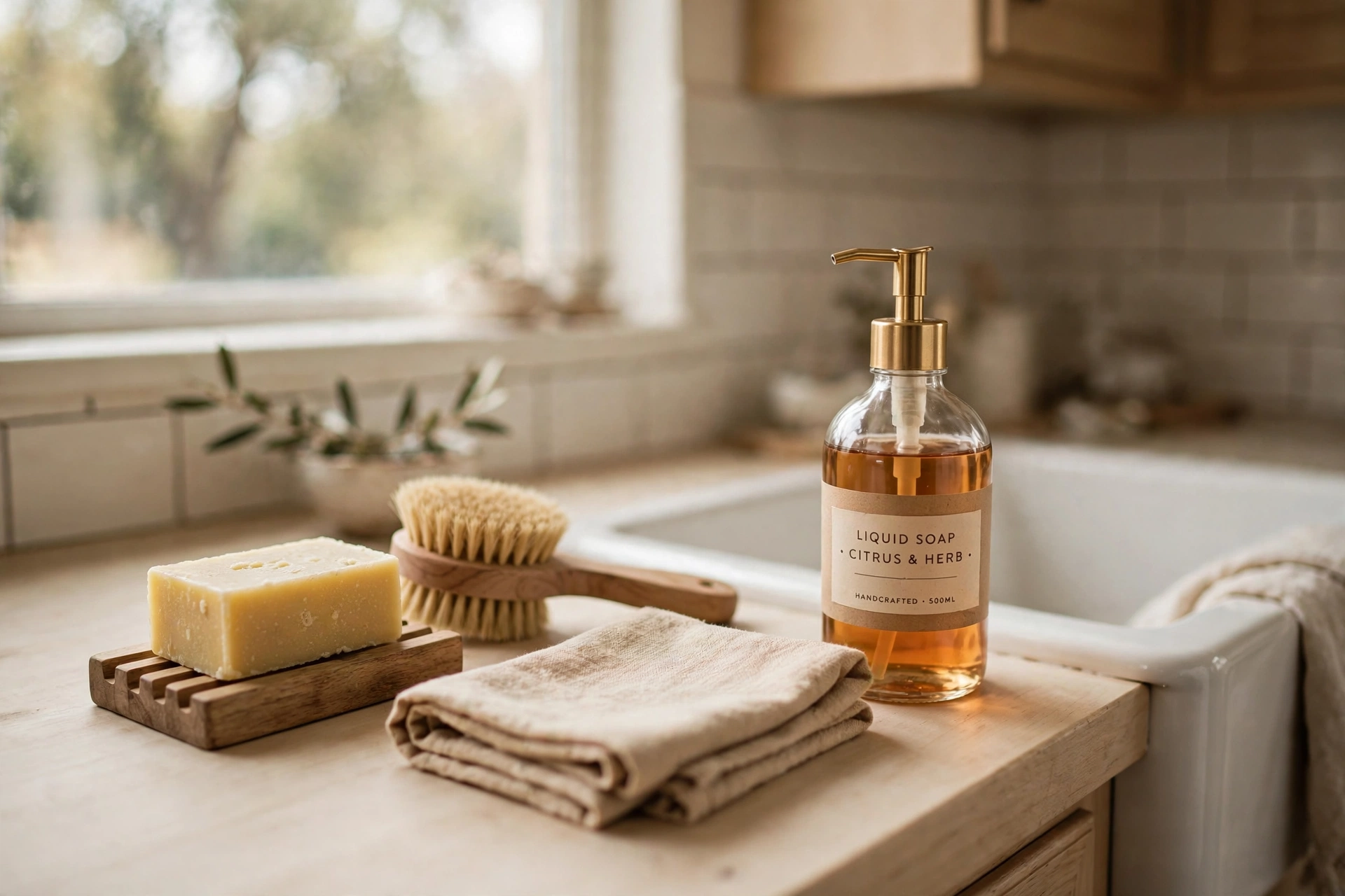 Plastic free dish soap: solid dish soap bars, a refill pouch, and a concentrate bottle on a kitchen counter