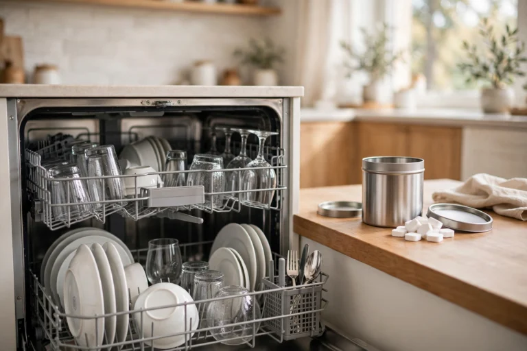 Plastic-free dishwasher detergent tablets and powder in eco-friendly packaging