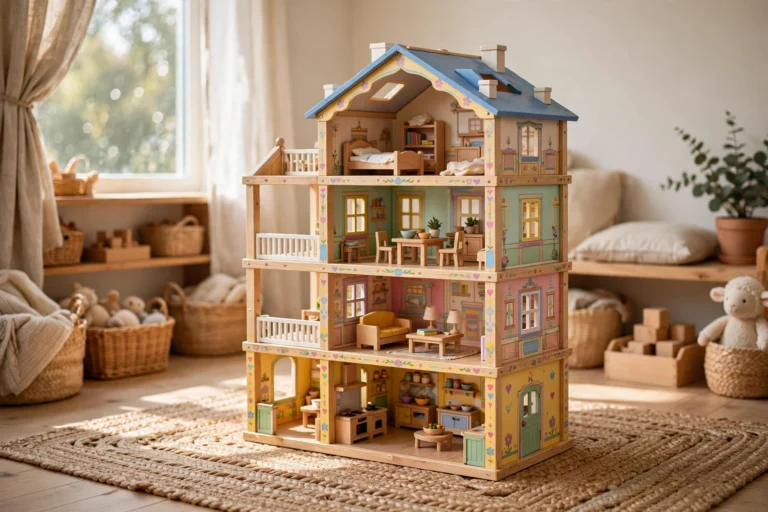 Large wooden KidKraft Majestic Mansion dollhouse with four levels in a bright playroom, wooden furniture inside