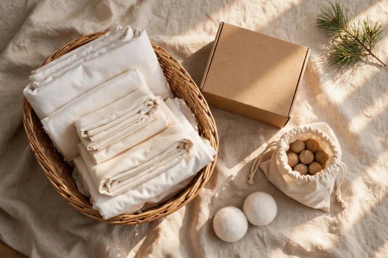 Laundry basket with folded linens, a kraft detergent box, soap nuts and wool dryer balls in warm natural light