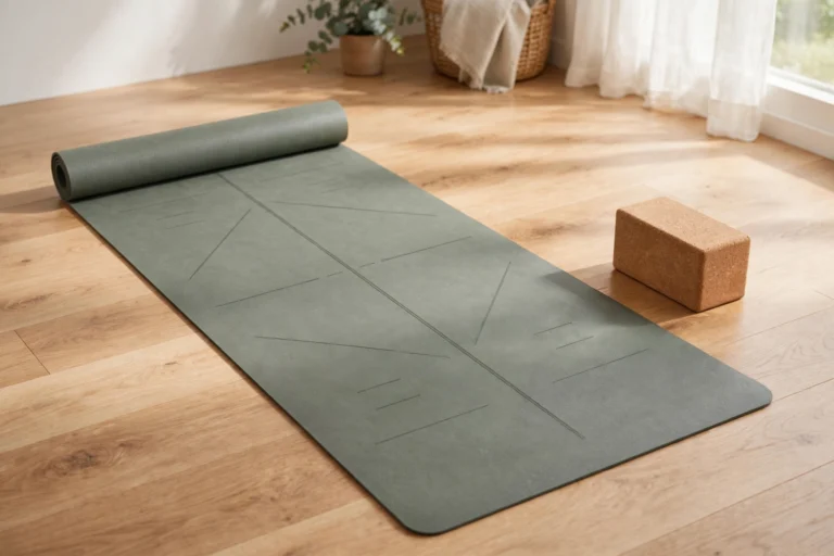 Liforme original yoga mat with etched alignment lines unrolled on a wood floor next to a cork yoga block