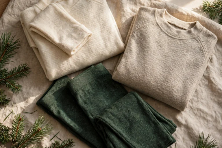 Folded merino wool base layer tops and long johns in cream and forest green tones with pine sprigs