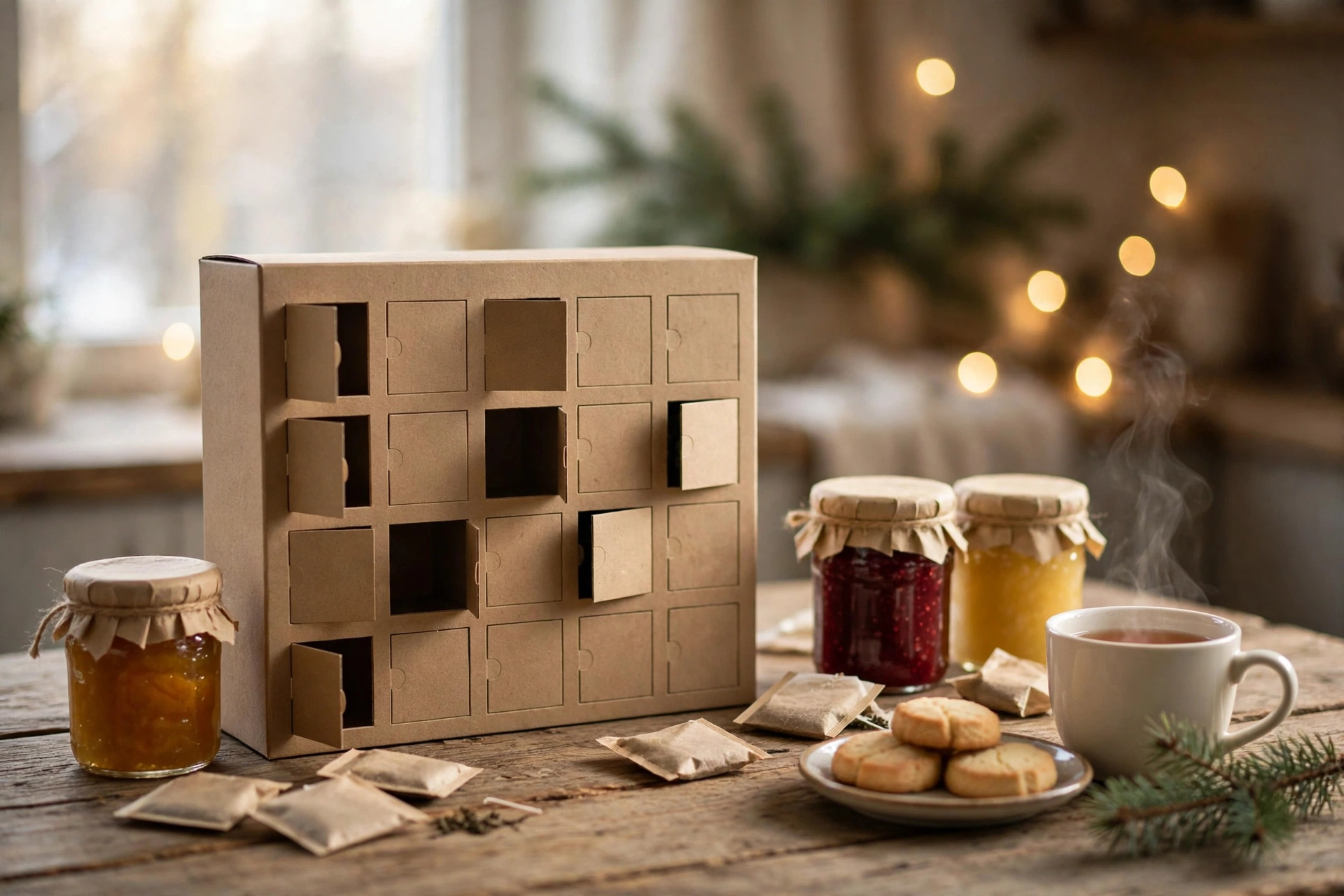 Plain cardboard advent calendar with open doors on a wooden table beside glass jars of jam, paper tea sachets, a cup of tea and shortbread cookies, warm window light