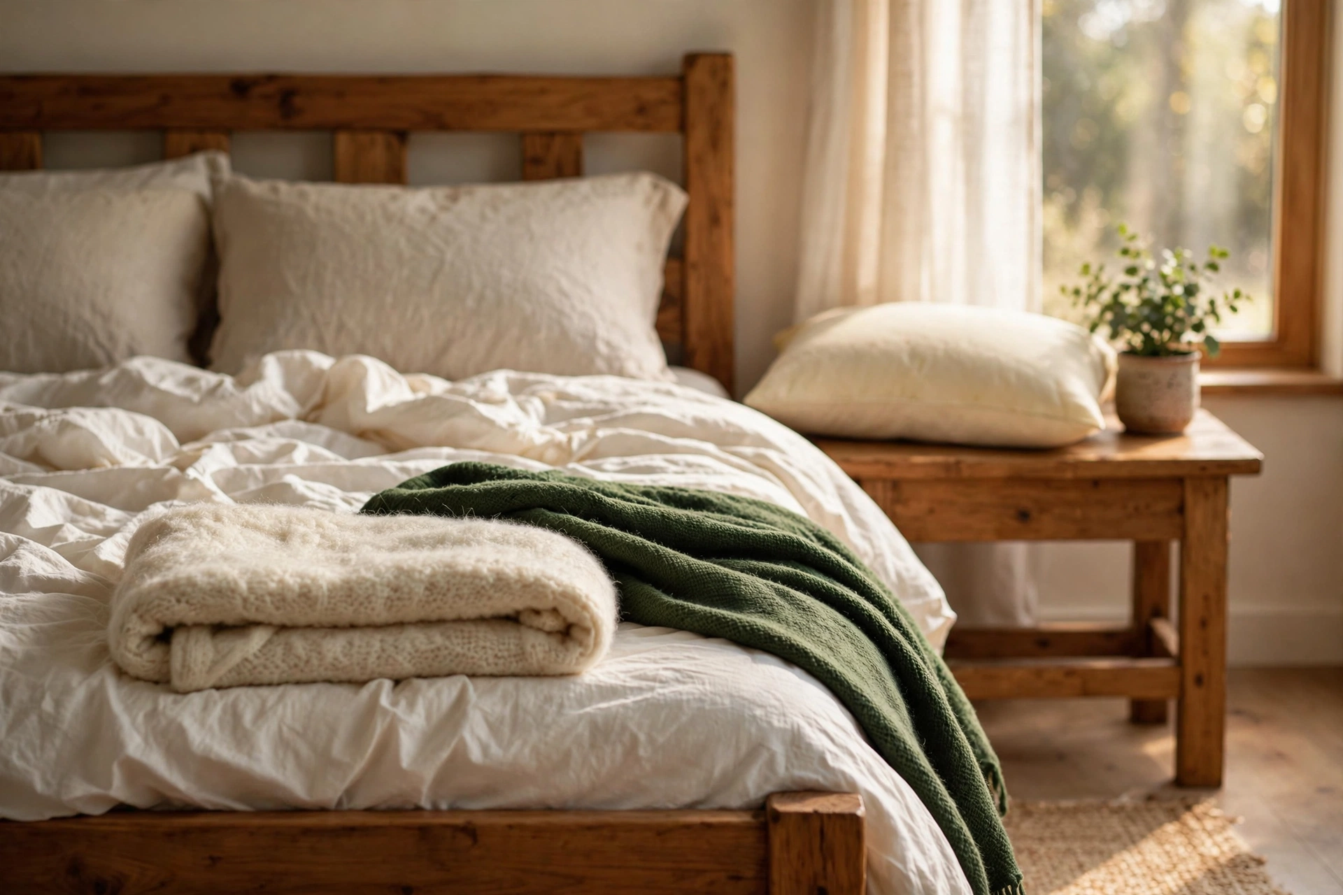 Non-toxic bedding in natural fibers: organic cotton sheets, linen pillowcases and a folded wool comforter on a wooden bed in morning light
