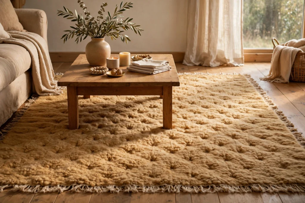NURVI LIVING ochre beige wool area rug in a warm living room