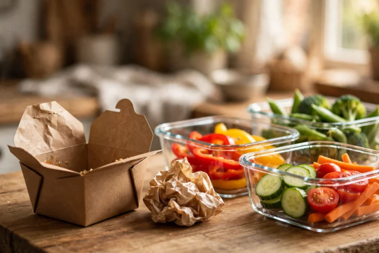 Paper takeout container and fast food wrapper next to clear glass food storage containers with fresh vegetables on a wooden kitchen counter, warm natural light