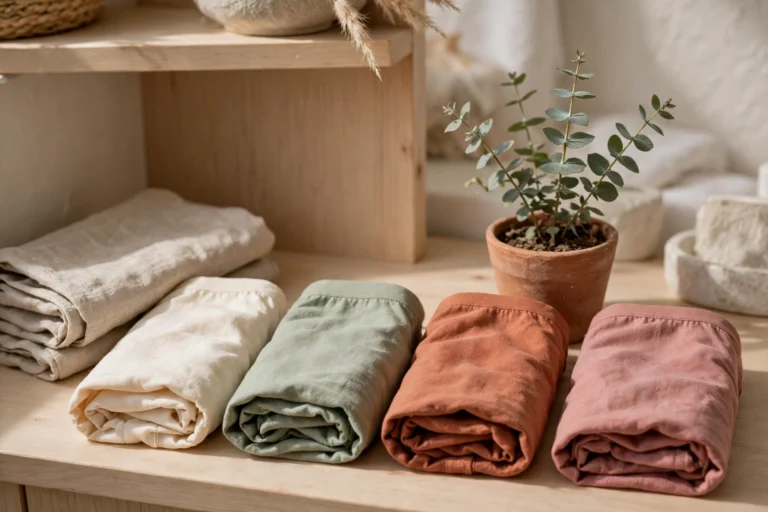 Neatly folded period underwear in organic cotton fabrics in cream, sage, terracotta and dusty rose on a wooden bathroom shelf
