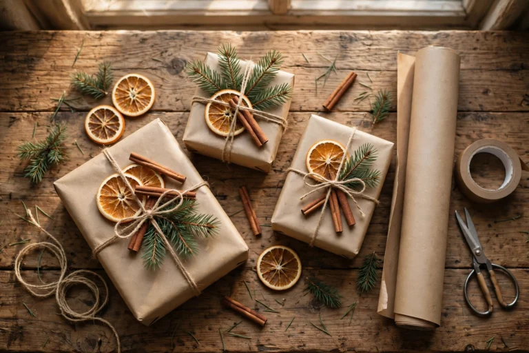 Christmas gifts wrapped in brown kraft paper with jute twine, dried orange slices, cinnamon sticks and pine sprigs on a wooden table, beside a roll of kraft paper and paper tape, warm window light