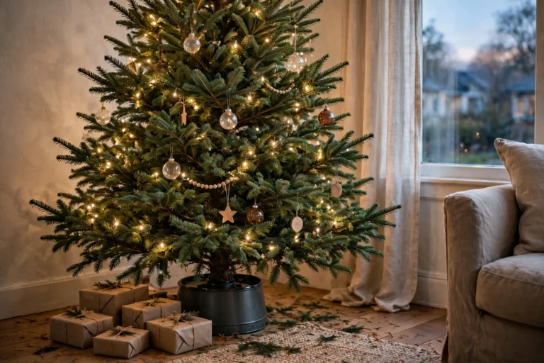 Real Fraser fir Christmas tree in a dark steel stand in a cozy living room, warm string lights, glass and wooden ornaments, kraft paper wrapped gifts underneath and a few fallen needles on the wooden floor