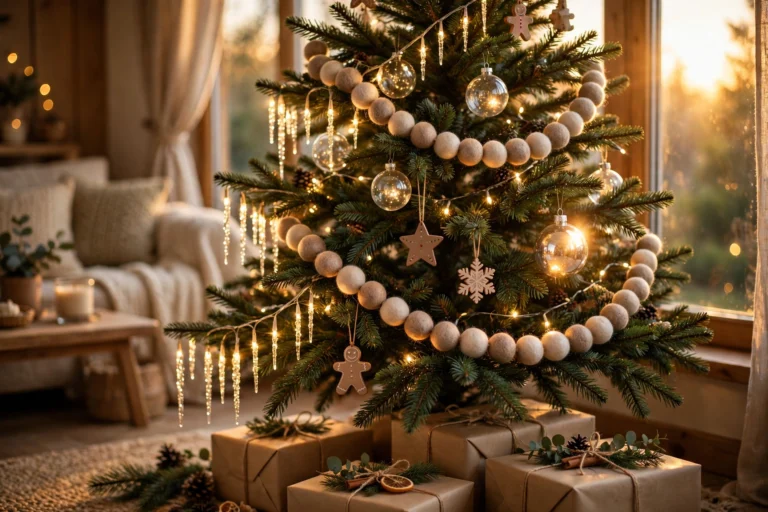 Christmas tree decorated with warm-white LED icicle lights, clear glass ball ornaments, a natural wool felt ball garland and small wooden ornaments, with kraft paper gifts underneath, in warm window light
