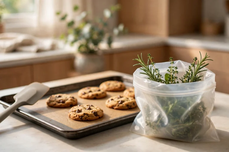 Silicone baking mat, spatula, and reusable silicone storage bag in a warm kitchen