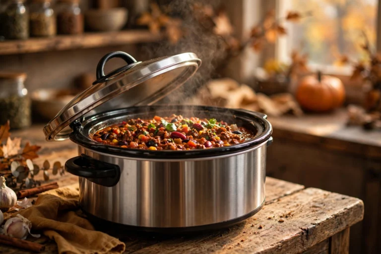Stainless steel slow cooker with a pot of chili on a warm fall kitchen counter