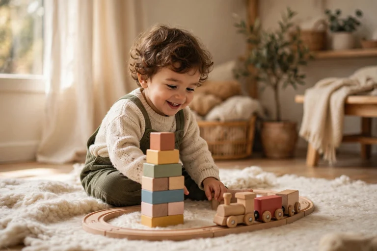 Toddler playing with wooden blocks and a wooden train on a soft rug