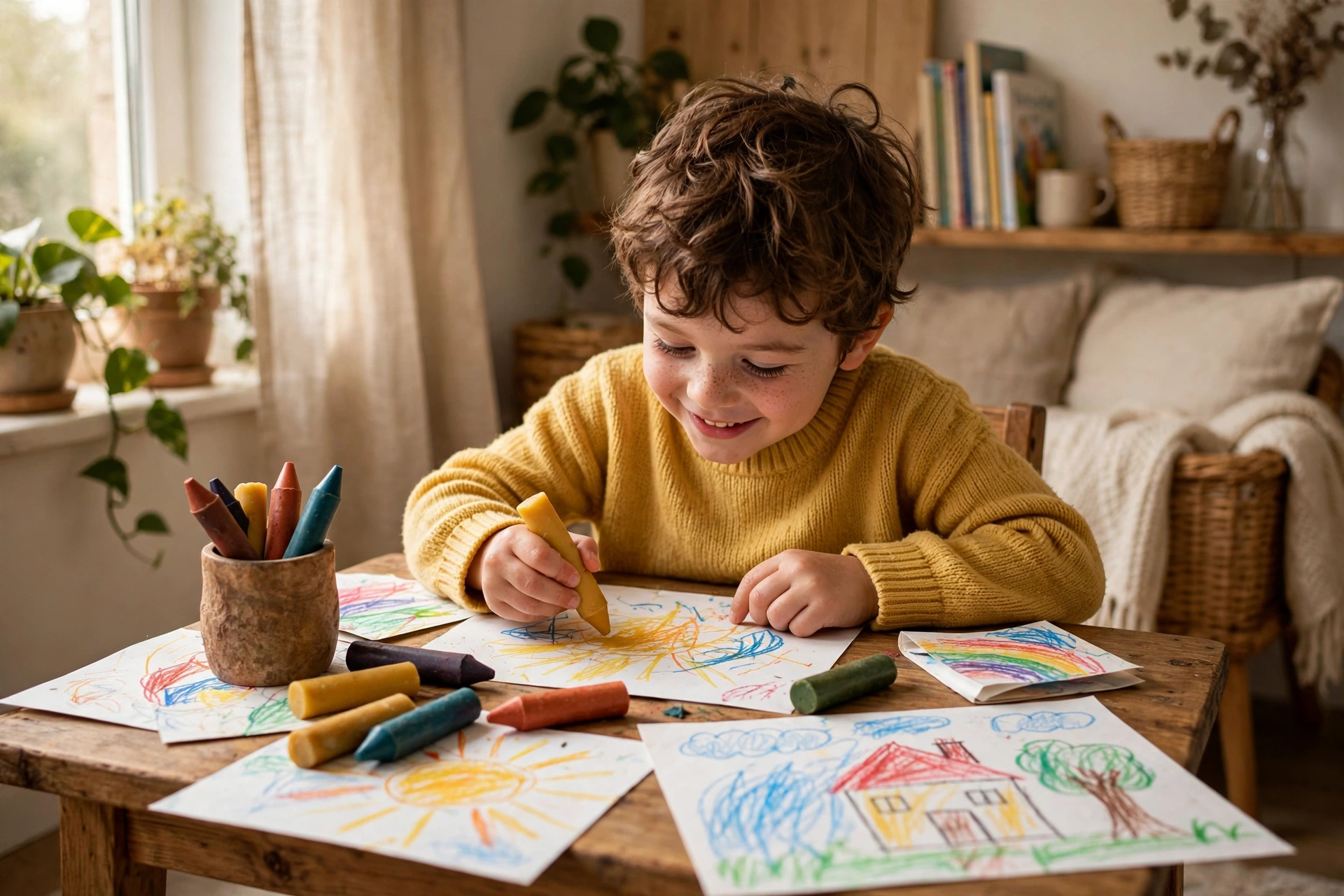 Young child coloring with chunky beeswax crayons