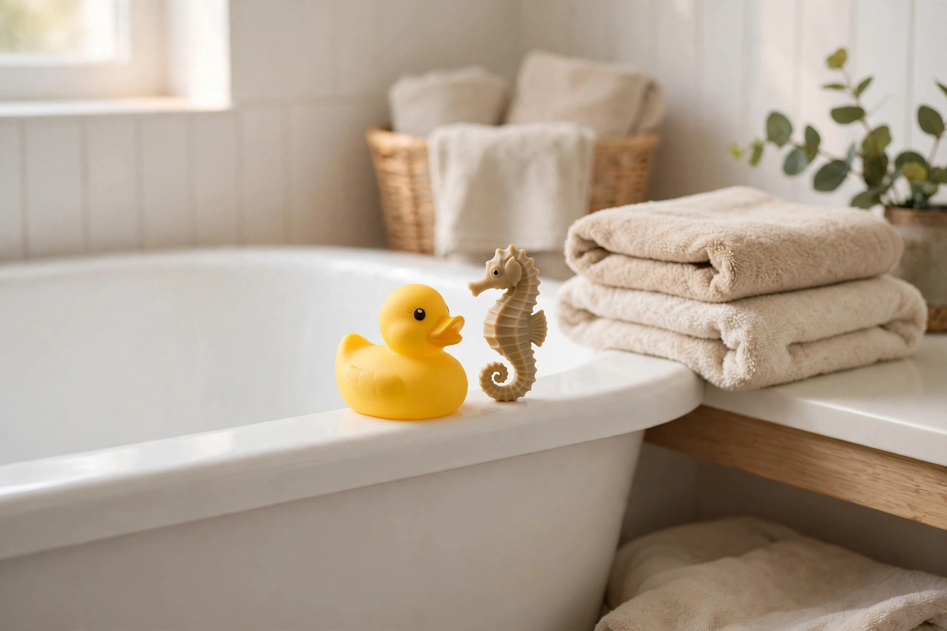 Natural rubber duck and seahorse bath toys at the edge of a bathtub