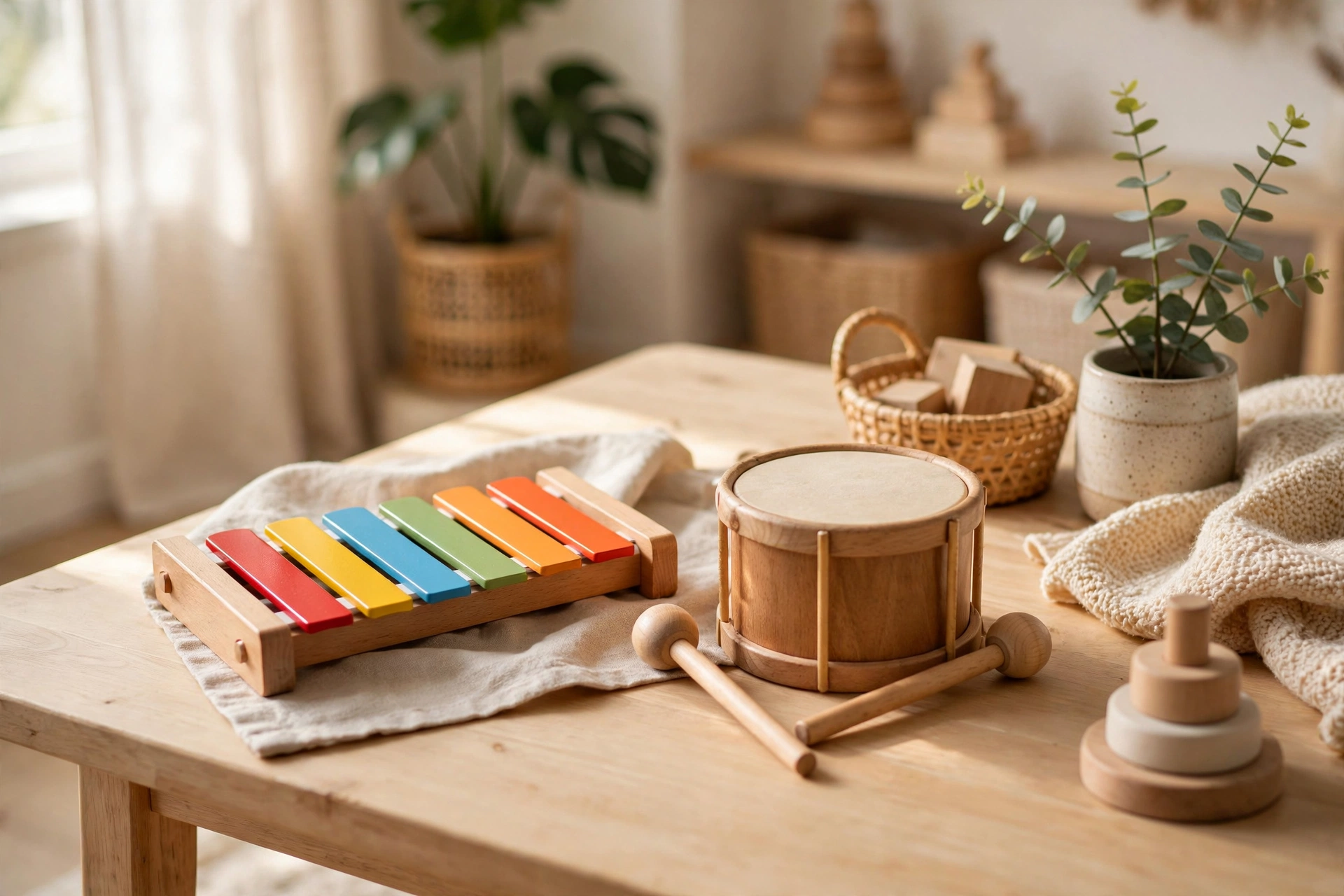 Wooden children's xylophone and drum with mallets