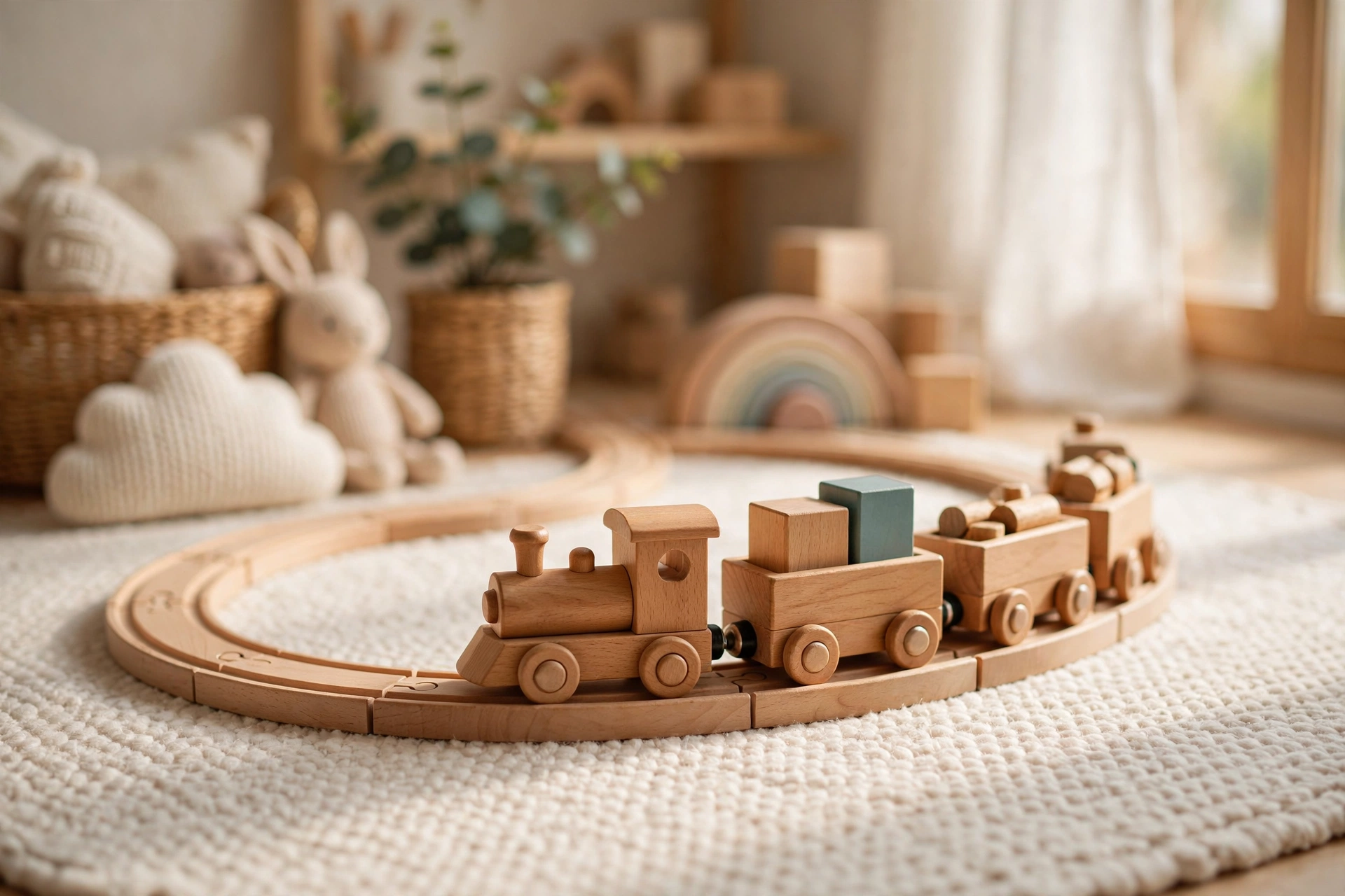 Wooden toy train on a wooden track in a sunlit playroom
