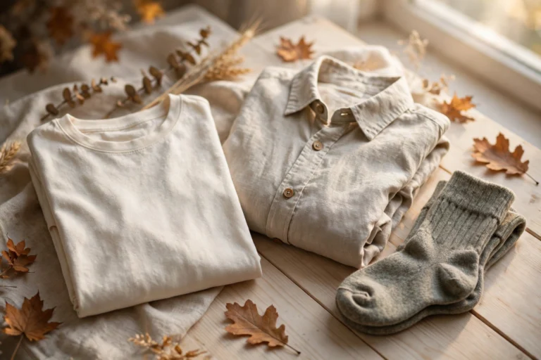 Folded natural-fiber wardrobe staples: organic cotton t-shirt, linen shirt, and merino wool socks in warm light